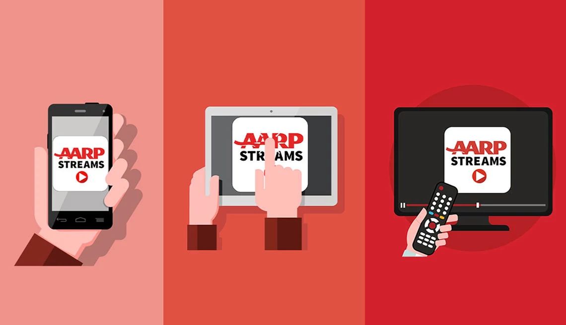 Aplicación AARP Streams Ilustración de tres imágenes de una mano sosteniendo un teléfono, una tableta y un control remoto frente a un televisor, todas tienen transmisiones AARP en la pantalla.