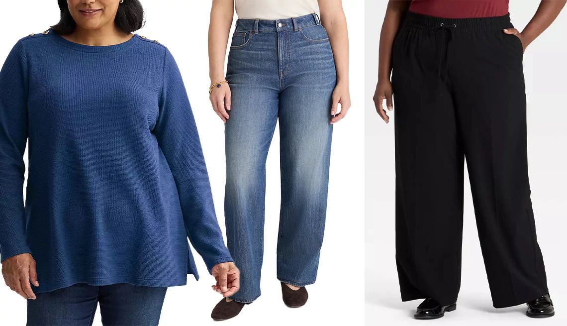 Curvy Style Essentials a collage with plus size models wearing jeans, trousers and a tunic style sweater