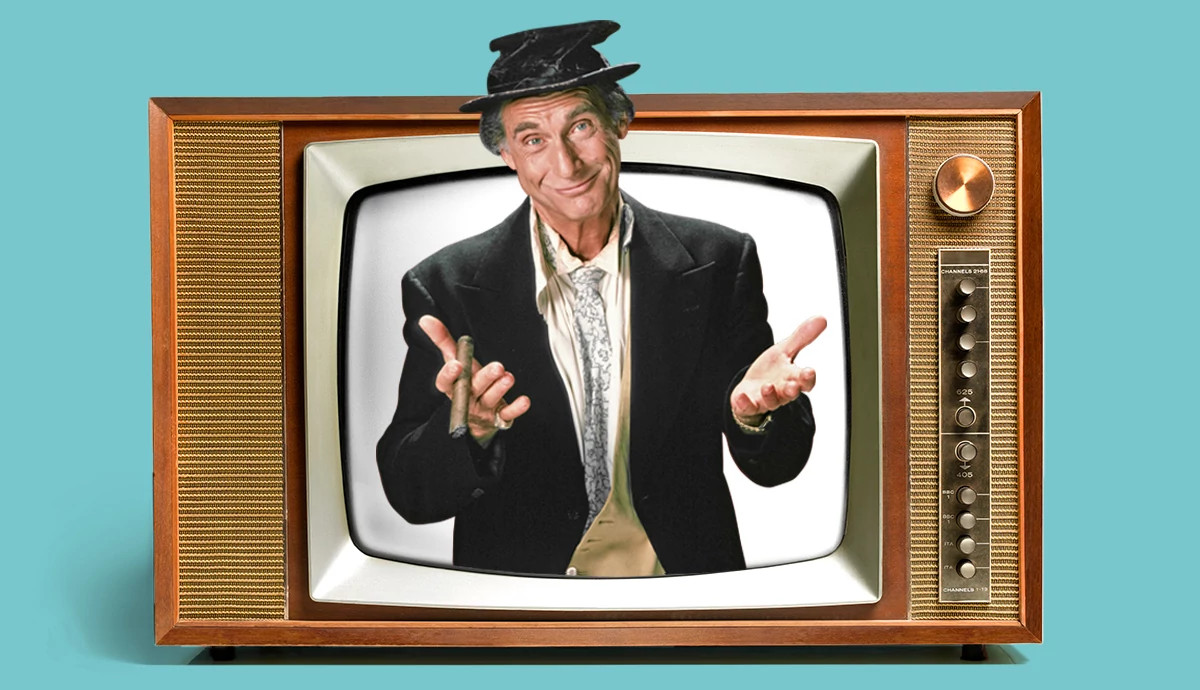 an illustration shows a vintage television with an oversize image of sid caesar emerging from the screen