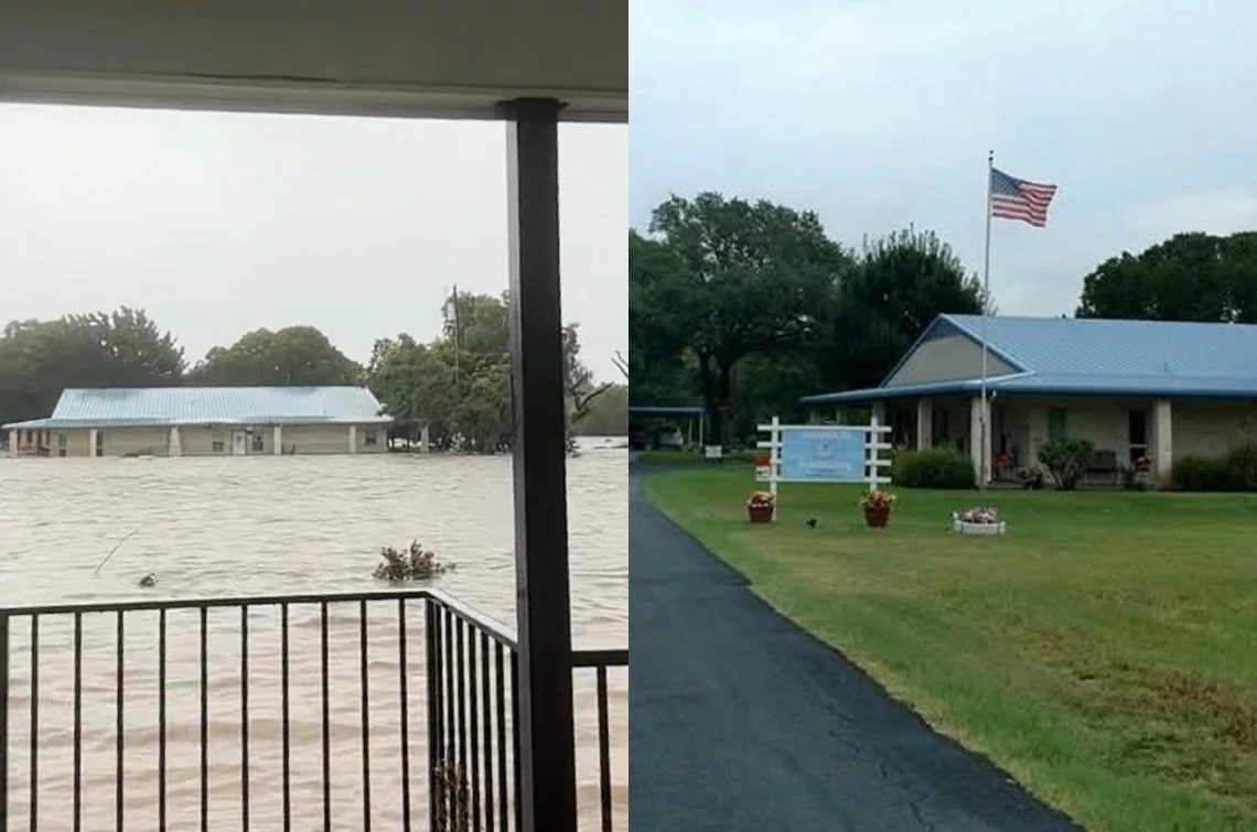 side by side images of high floodwater outside a senior center versus what the building typically looks like