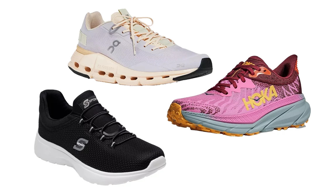 S Sport by Skechers Women’s Rummie Pull-On Sneakers in Black; On Women’s Cloudnova Form Lace Running Sneakers in Lavender; Hoka Women’s Challenger 7 Sneakers in Strawberry/Cabernet