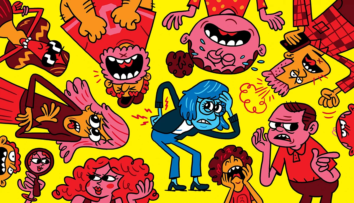 A colorful, chaotic illustration of a stressed older woman with blue skin and hair standing in the center, holding her hand to her aching back and forehead. She is surrounded by a crowd of demanding, expressive cartoon characters on a bright yellow background.