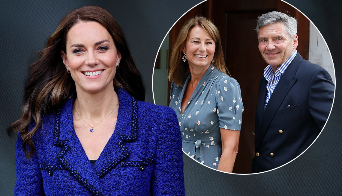 Princess Kate with her parents Kate Middletown with an inset photo of her parents, Carole and Michael Middleton