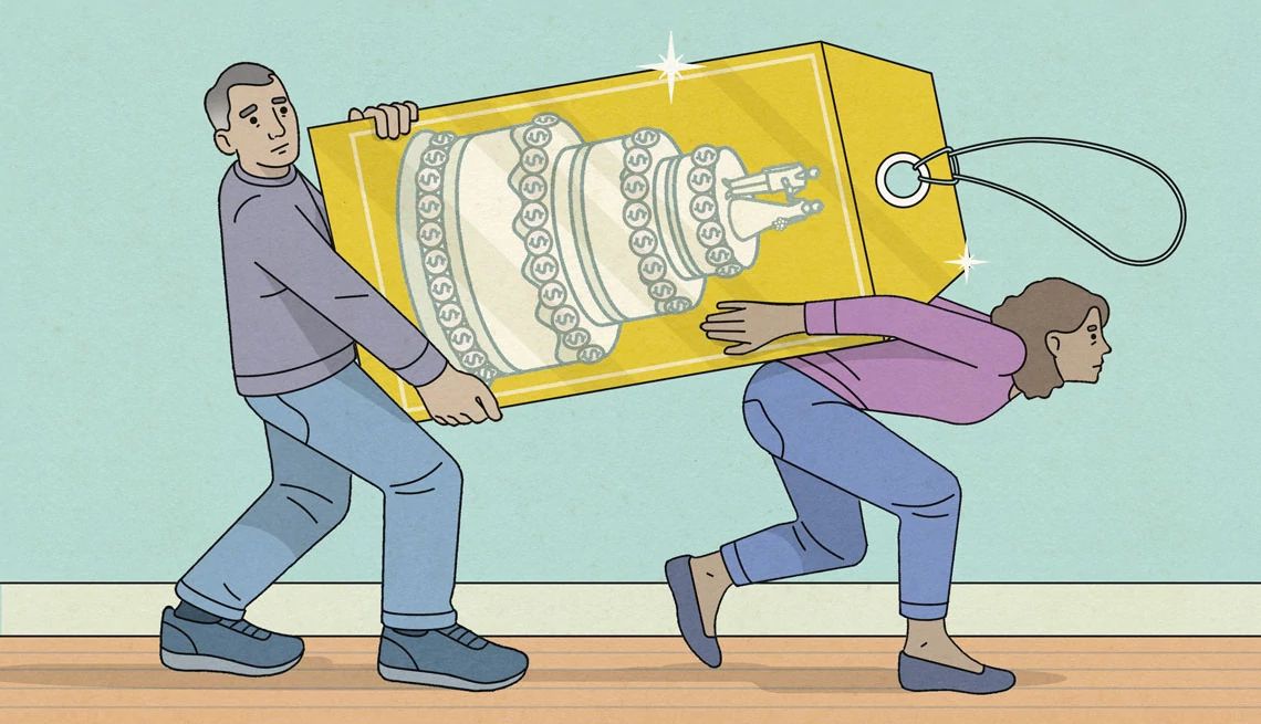 Budget for a wedding two people carrying a price tag with a wedding cake on it