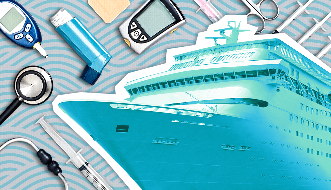 medical services on a cruise ship an illustration of a cruise ship with medical supplies in the background