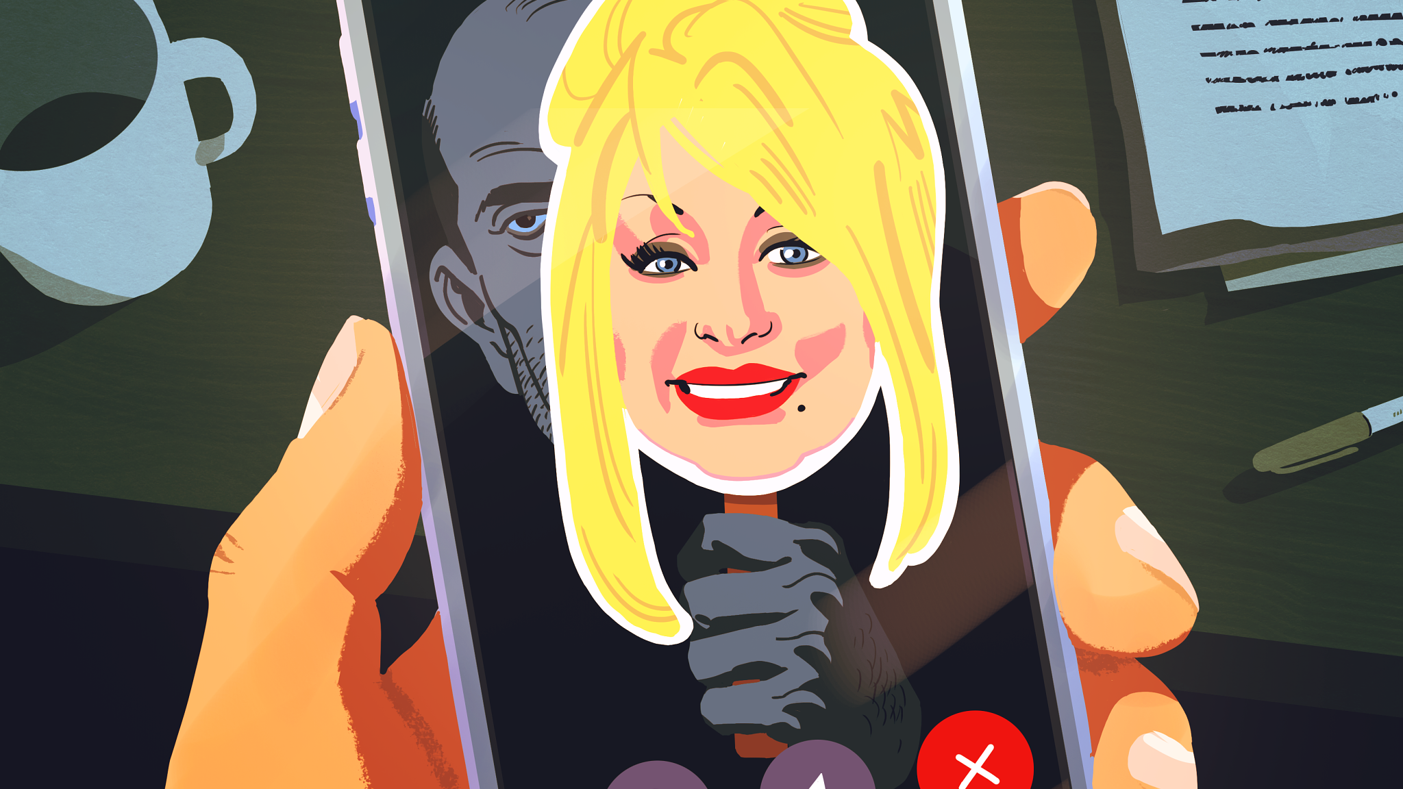 Protect Yourself From Celebrity Impostors a hand holding a cell phone with a scammer holding up a mask of dolly parton