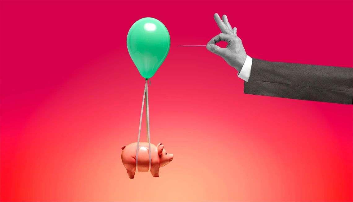 Financial Mistakes a hand holding a needle is about to pop a balloon attached to a piggy bank