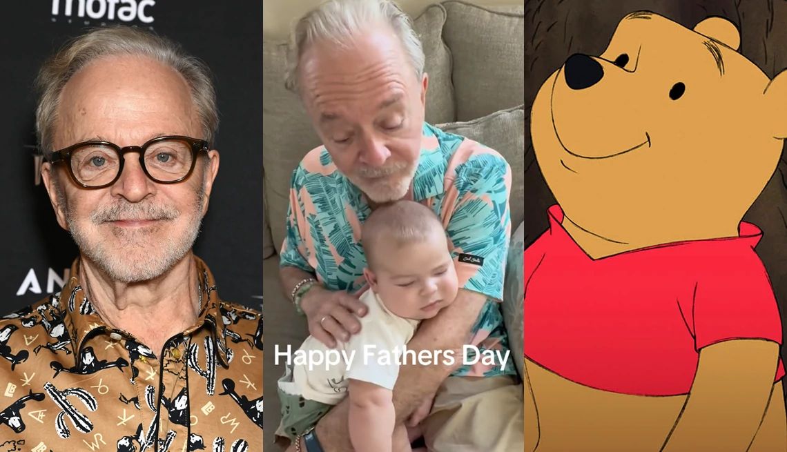 Winnie the Pooh Is Now a Grandfather jim cummings with his grandson, alongside a still image of winnie the pooh