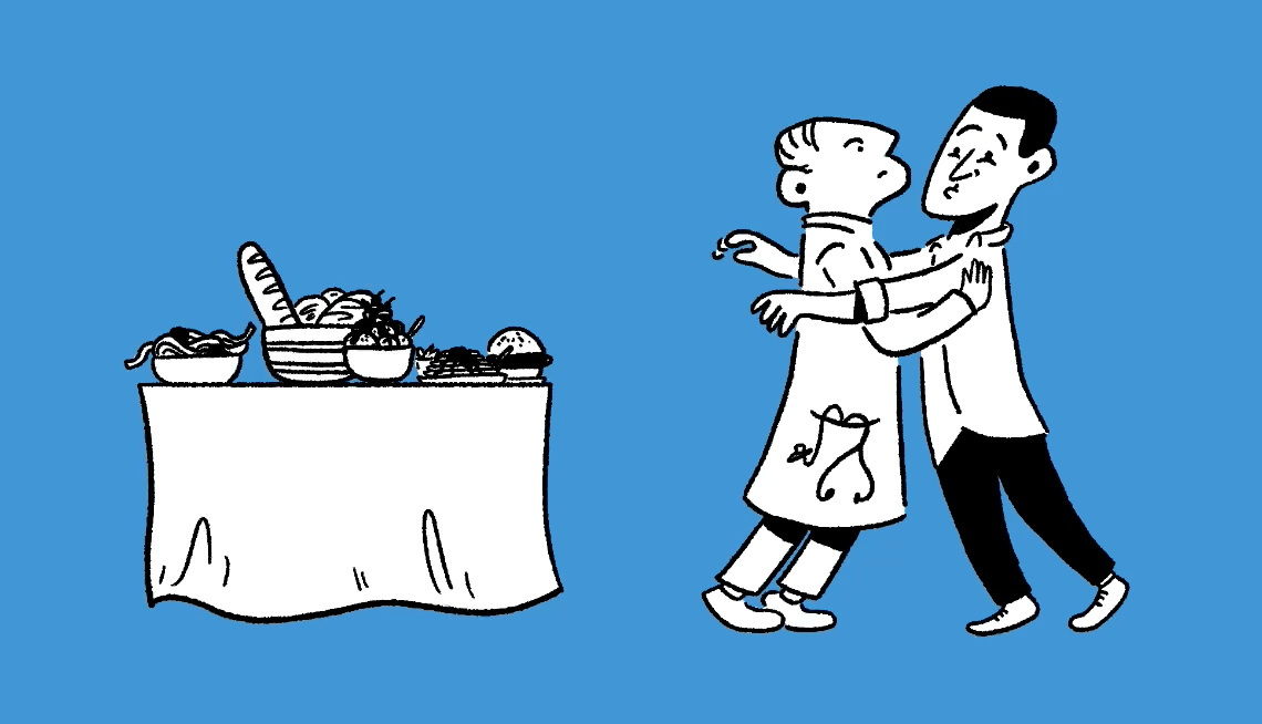 Clean Up Your Diet and Other Lifestyle Tweaks to Reverse Prediabetes gif of a man trying to eat bread and other high-carbohydrate foods while a doctor holds him back to reverse prediabetes