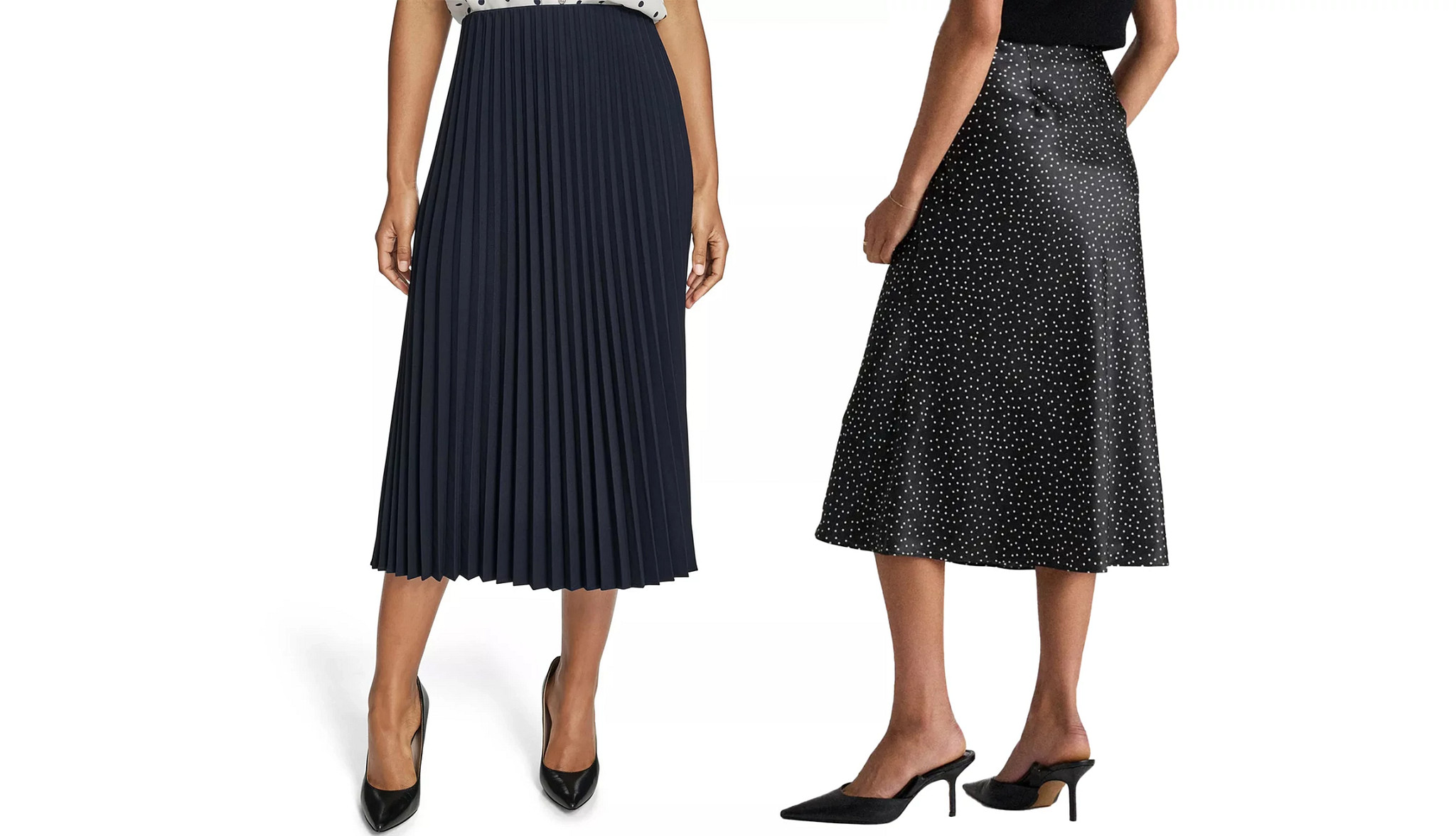 a collage with models wearing two different styles of a line midi skirts