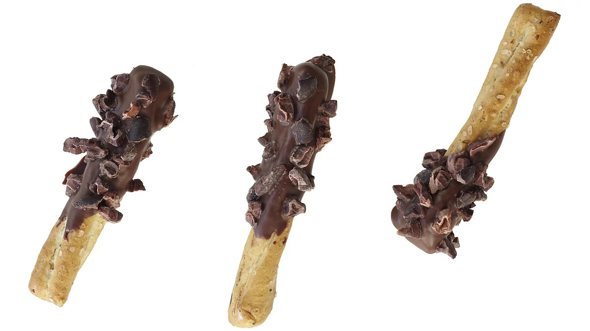 A close-up view of chocolate-dipped pretzels