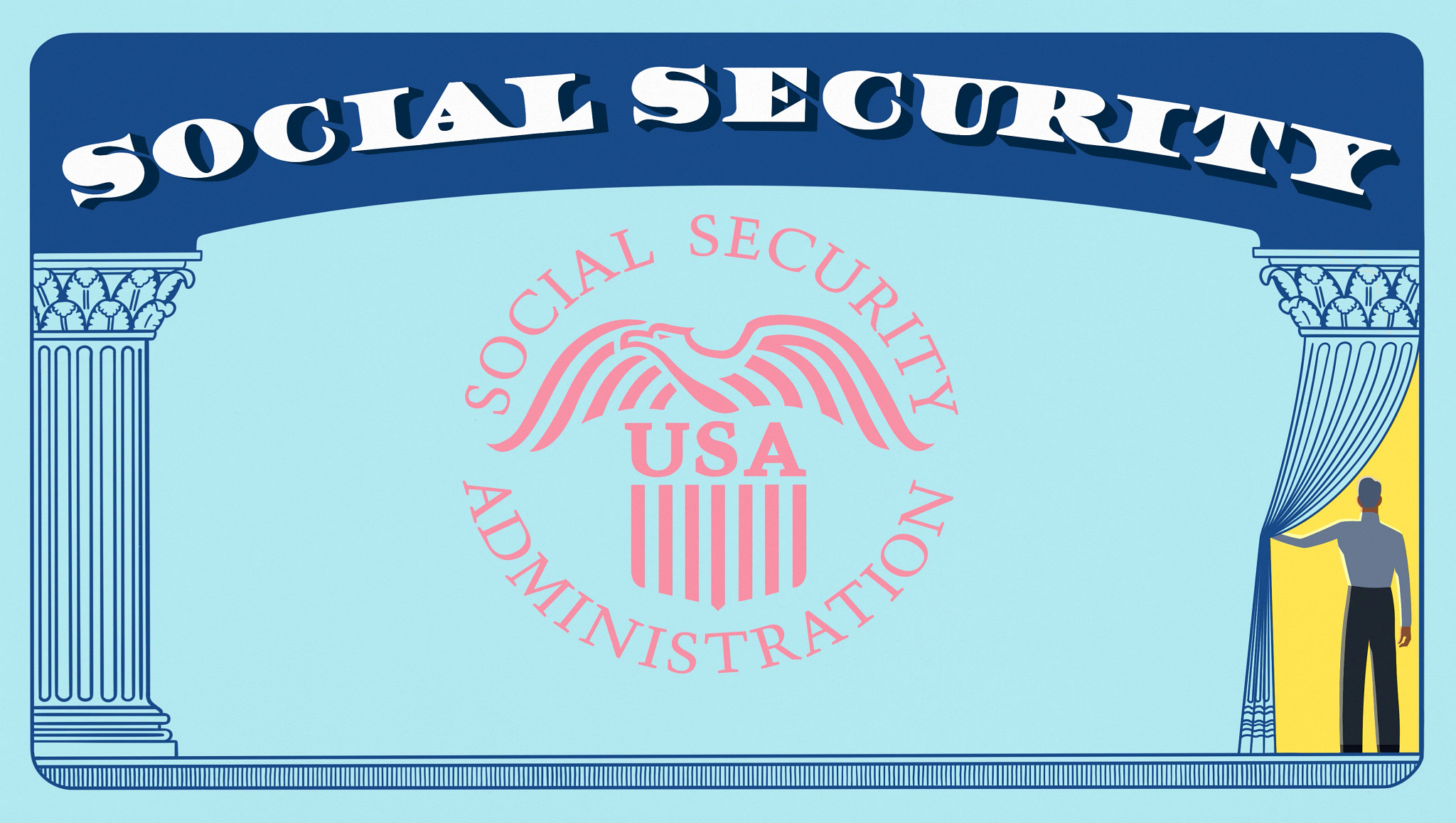a figure pulls the curtain back on a giant social security card