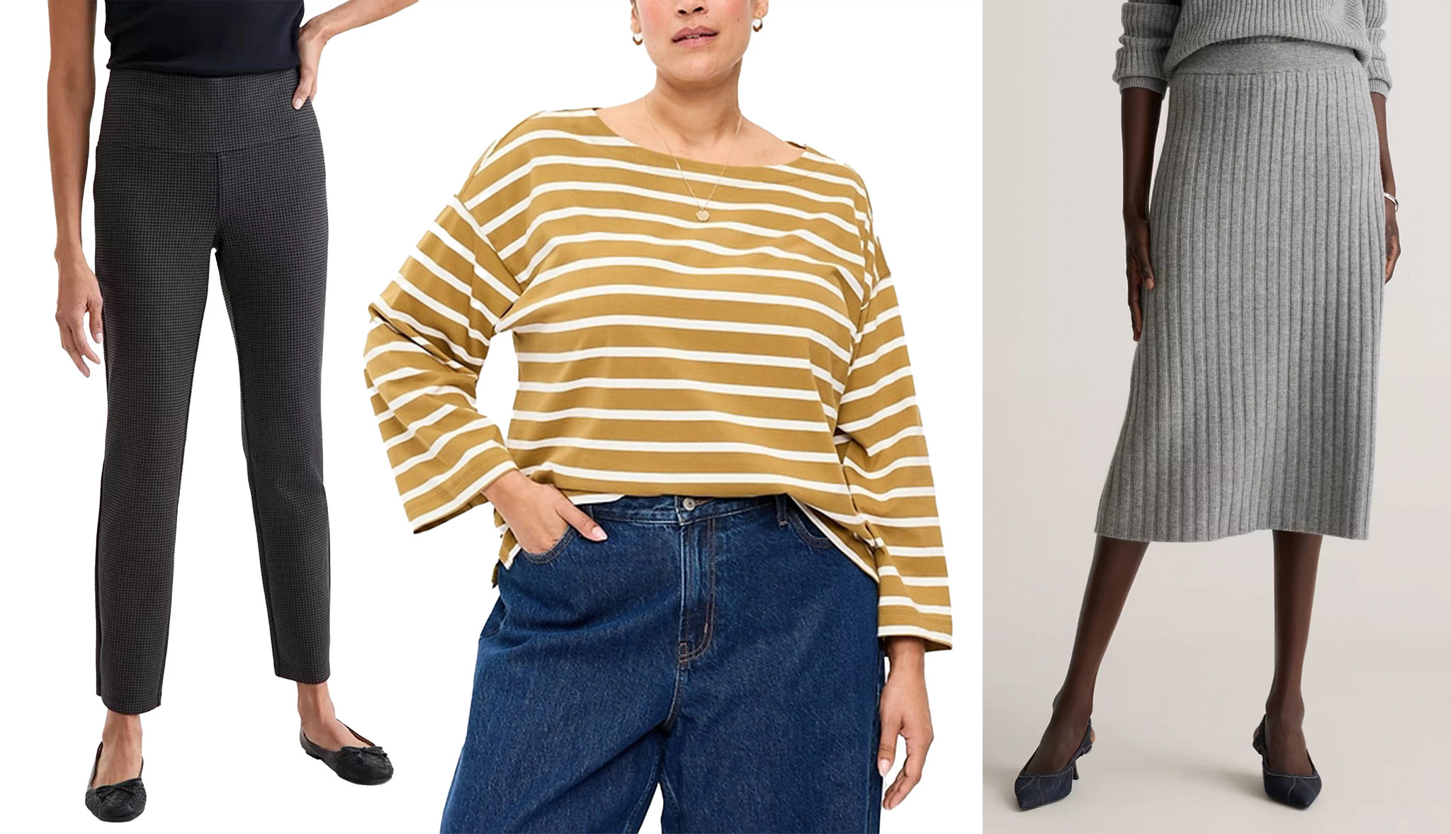 models wearing a pair of checked pull on pants, a striped yellow shirt and a gray rib knit skirt outfit