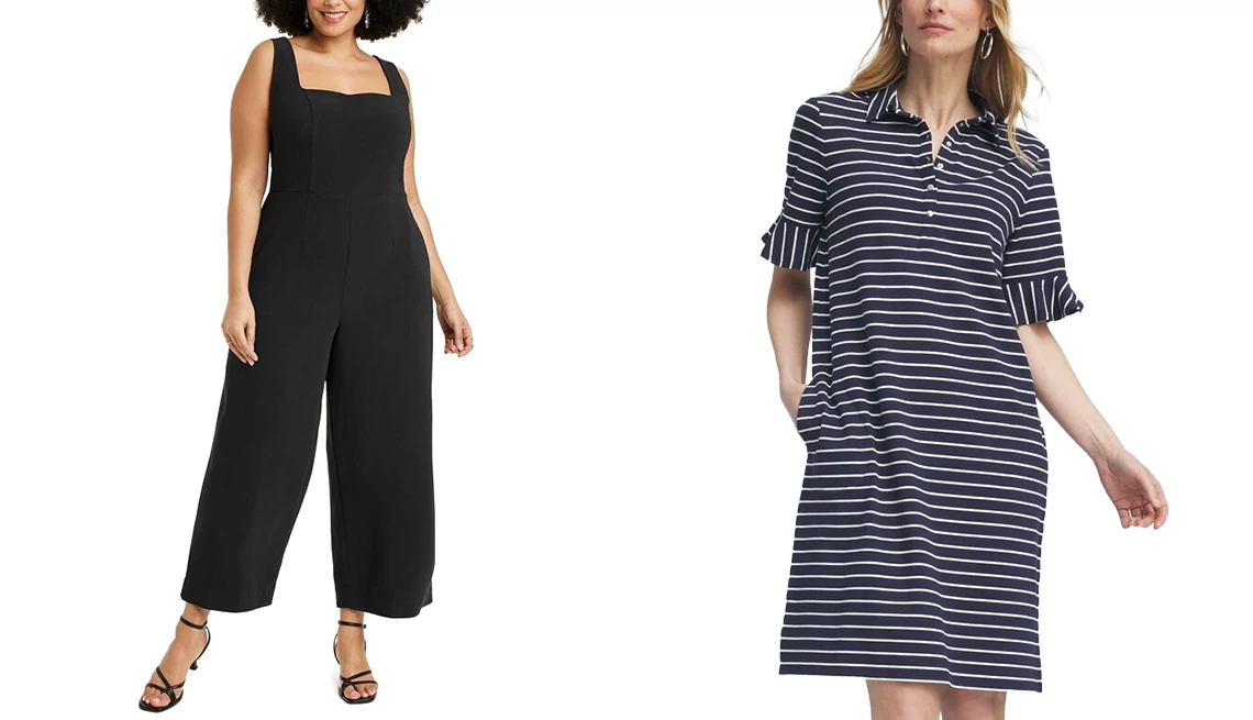 A New Day Women’s Maxi Jumpsuit in Black; Chico’s Zenergy UPF Knit Stripe Ruffle Sleeve Polo Dress in Classic Navy