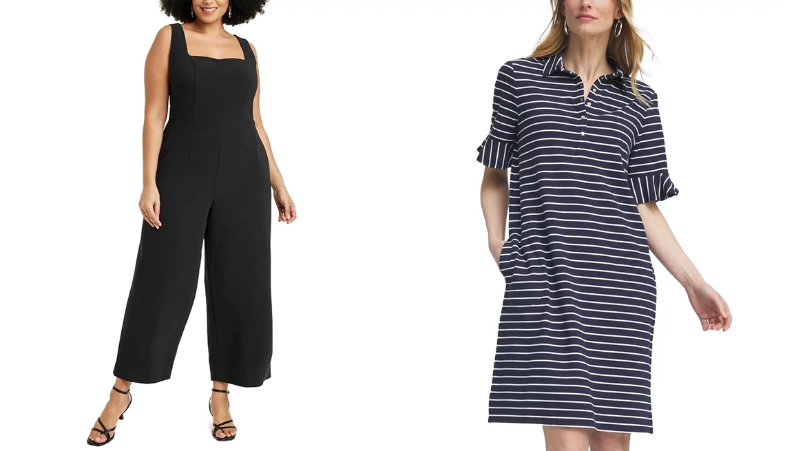Maxi Jumpsuit and Knit Stripe Ruffle Sleeve Polo Dress A New Day Women’s Maxi Jumpsuit in Black; Chico’s Zenergy UPF Knit Stripe Ruffle Sleeve Polo Dress in Classic Navy