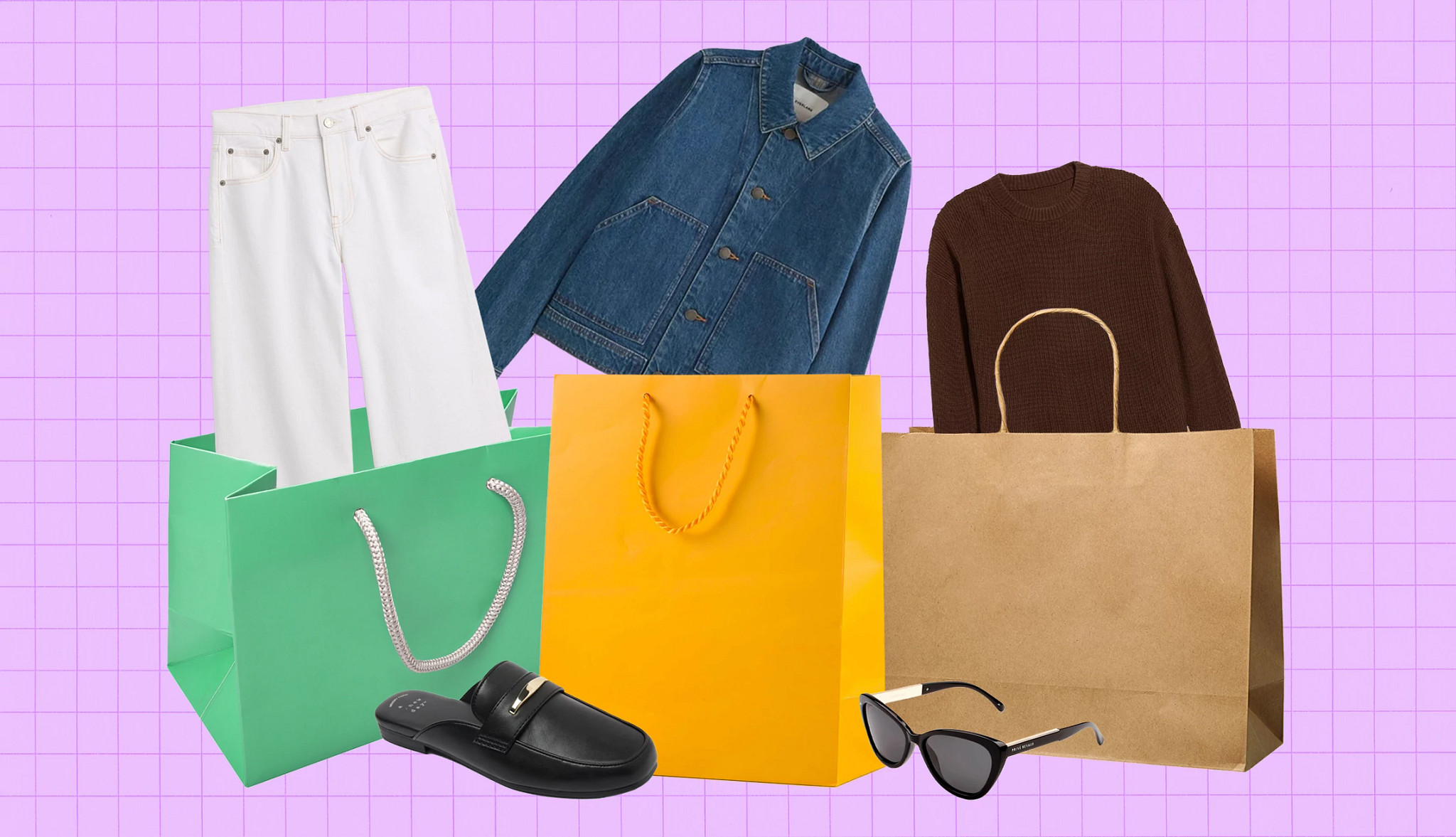 a collage shows clothing items and accessories with colorful shopping bags