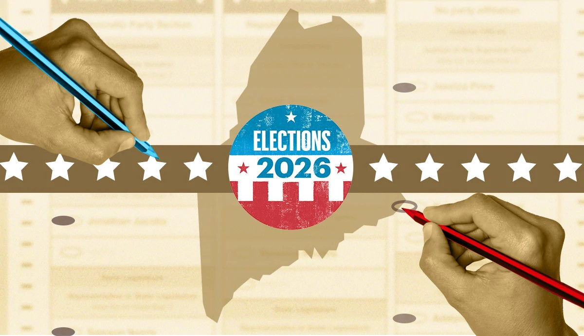 two hands one holding a red pencil and the other holding a blue one with an outline of the state of maine