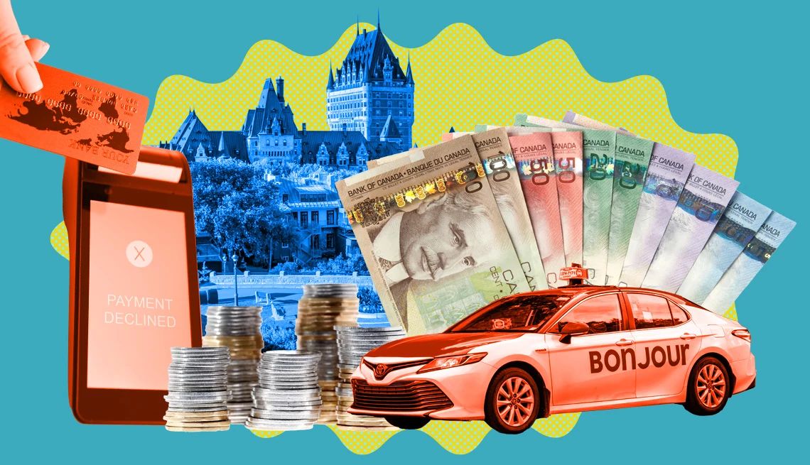 No Cash Overseas Lessons a collage of a hand holding a credit card, a card machine that reads payment declined, a historic building, foreign currency and a cab