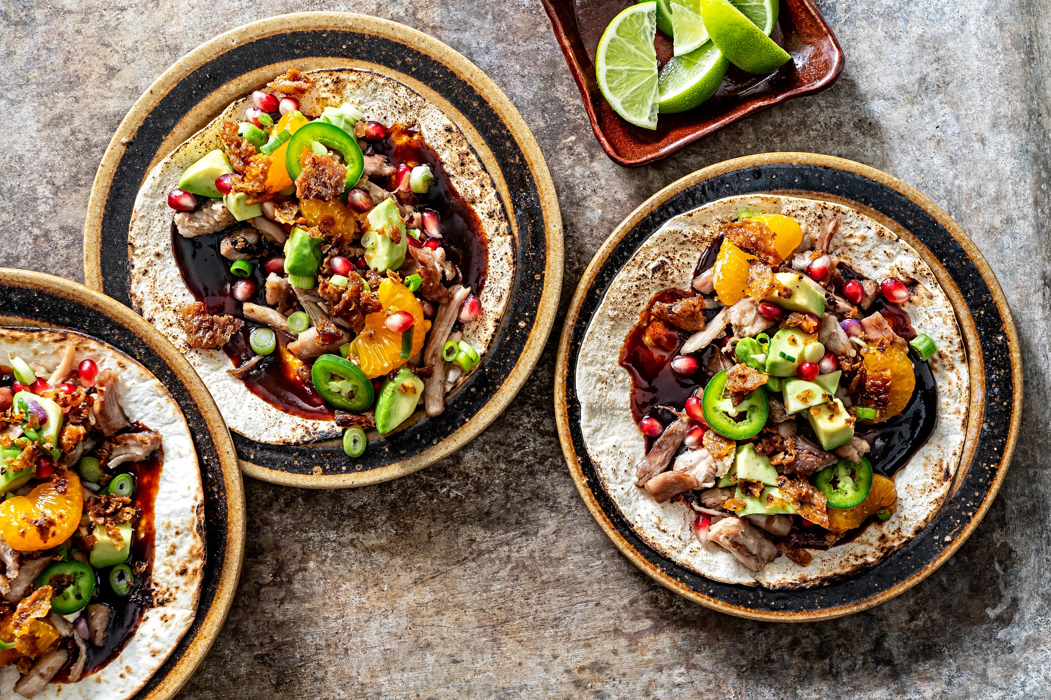 a photo shows turkey tacos with turkey skin bacon	