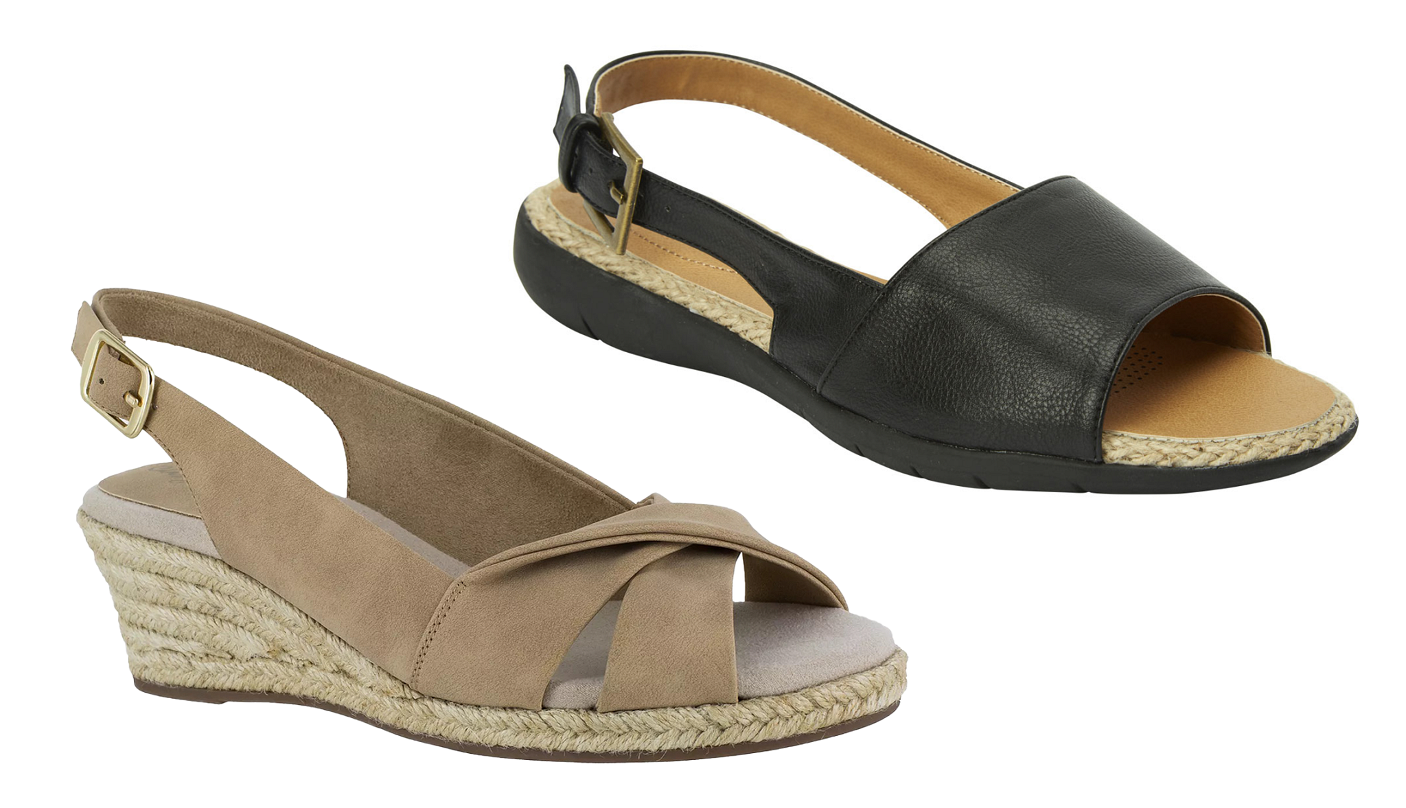 a collage with two styles of slingback wedge shoes