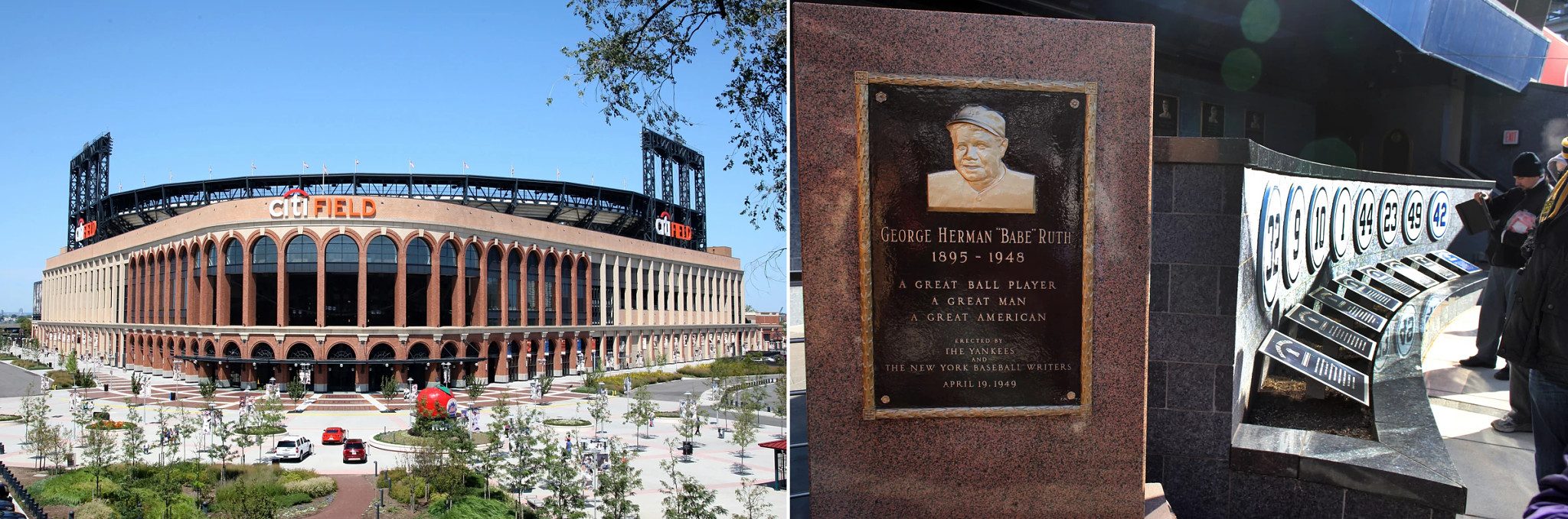 vista aérea del Citi Field y una placa para Babe Ruth en el Monument Park