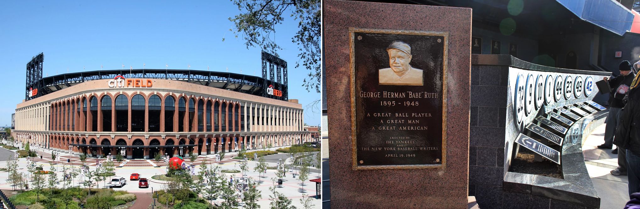 aerial view of Citi Field and a plaque to Babe Ruth in Monument Park