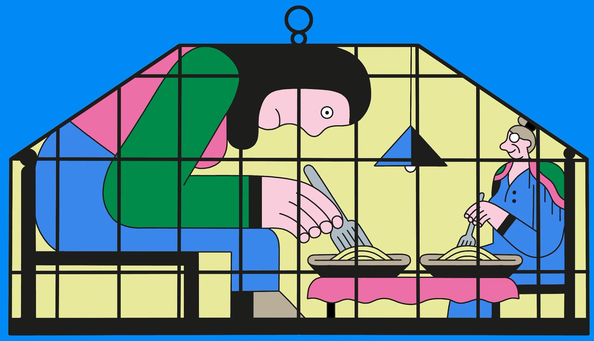 Ilustración muestra una hija y su madre sentadas en el comedor dentro de una casa en forma de jaula de pájaros demasiada pequeña para la hija, que se ve restringida.