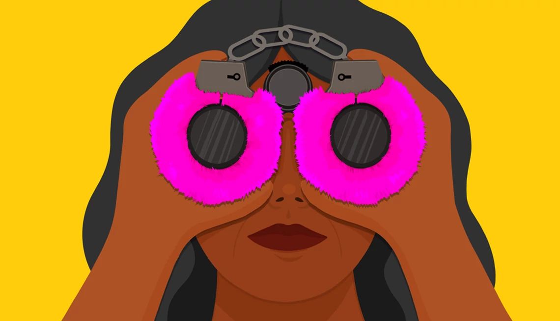 how and where to buy sex toys illustration of a woman looking through binoculars that are actually fluffy pink handcuffs