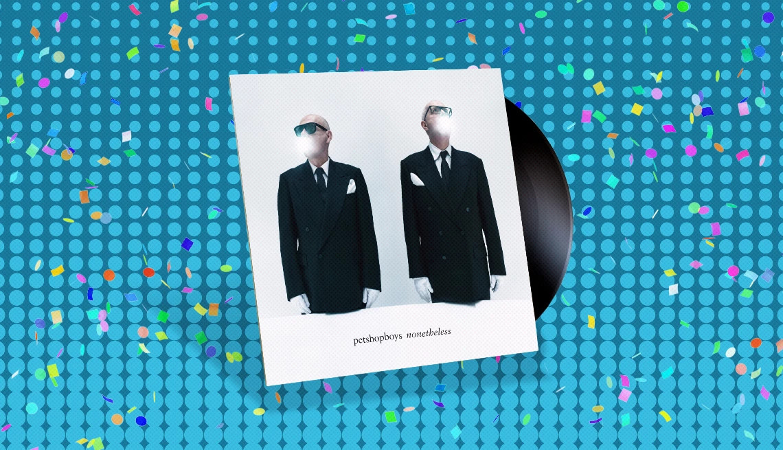 Album cover with record sticking out of it and the words Pet Shop Boys Nonetheless and two men in suits on cover; blue background with confetti on it