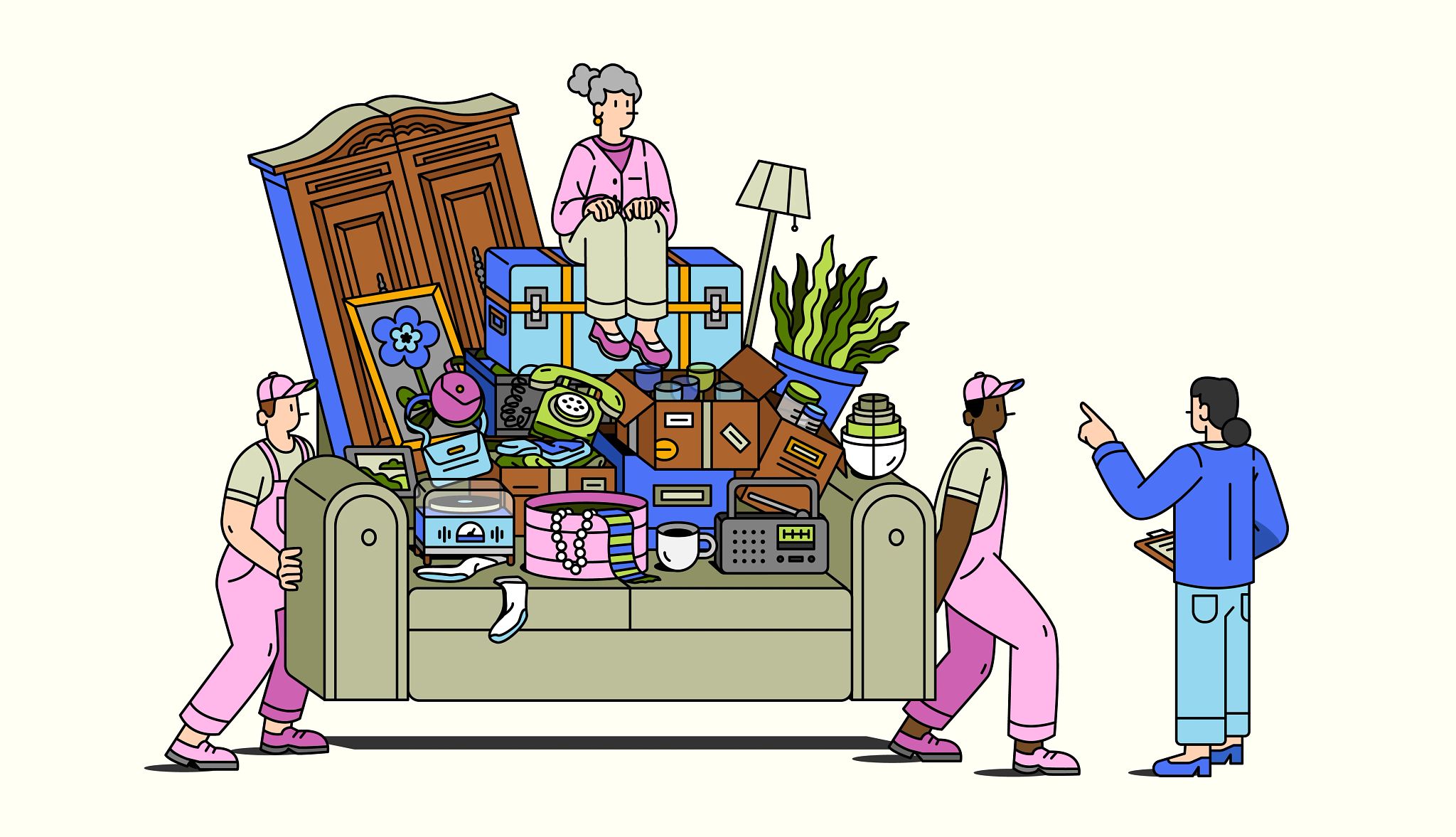 Move Manager Can Ease the Process two people moving furniture while someone sits on top