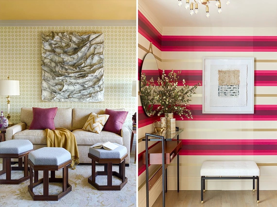 left: living room with pink and yellow pillows; right: a room with pink and gold striped wallpaper