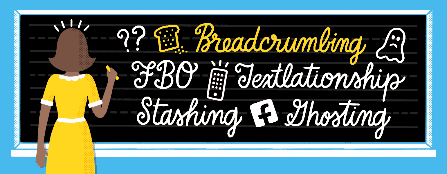 illustration of woman writing modern dating terms on a chalkboard