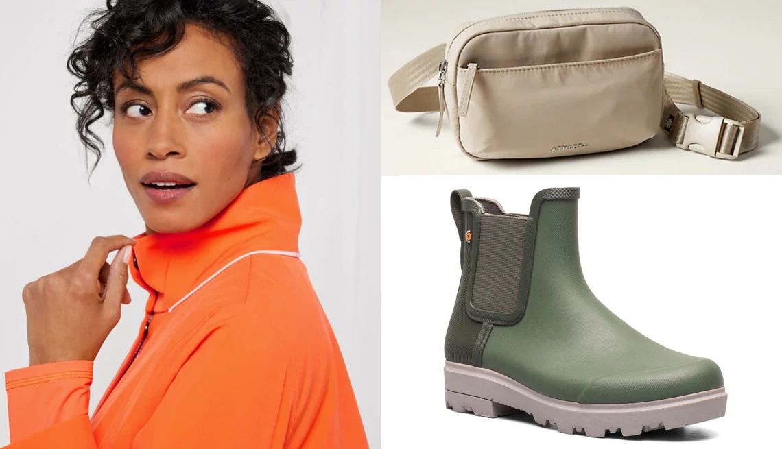 Hooded Water-Resistant Jacket in Tangerine; All About Crossbody Belt Bag in Oak; Bogs Holly Waterproof Chelsea Boot (Women) in Green Ash