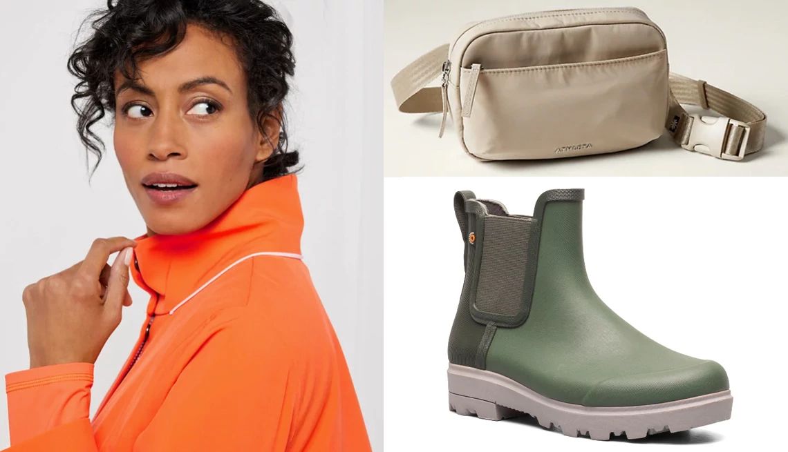 A hooded water resistant jacket, a crossbody belt bag and a waterproof chelsea boot Hooded Water-Resistant Jacket in Tangerine; All About Crossbody Belt Bag in Oak; Bogs Holly Waterproof Chelsea Boot (Women) in Green Ash