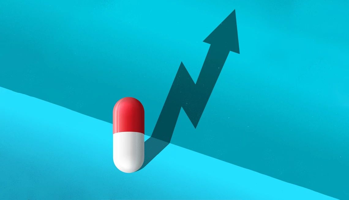 AARP hace frente los altos precios de los medicamentos recetados ilustración de píldora rojo y blanco con sombra de flecha elevándose