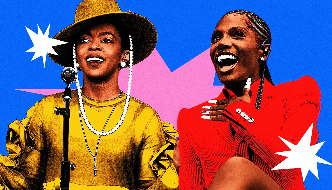 a collage of photos of lauryn hill and doechii