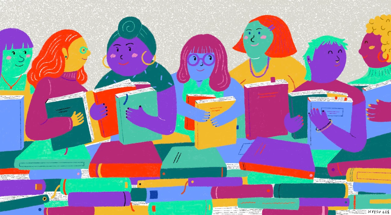 illustration of women sitting outside reading together on blankets in summer