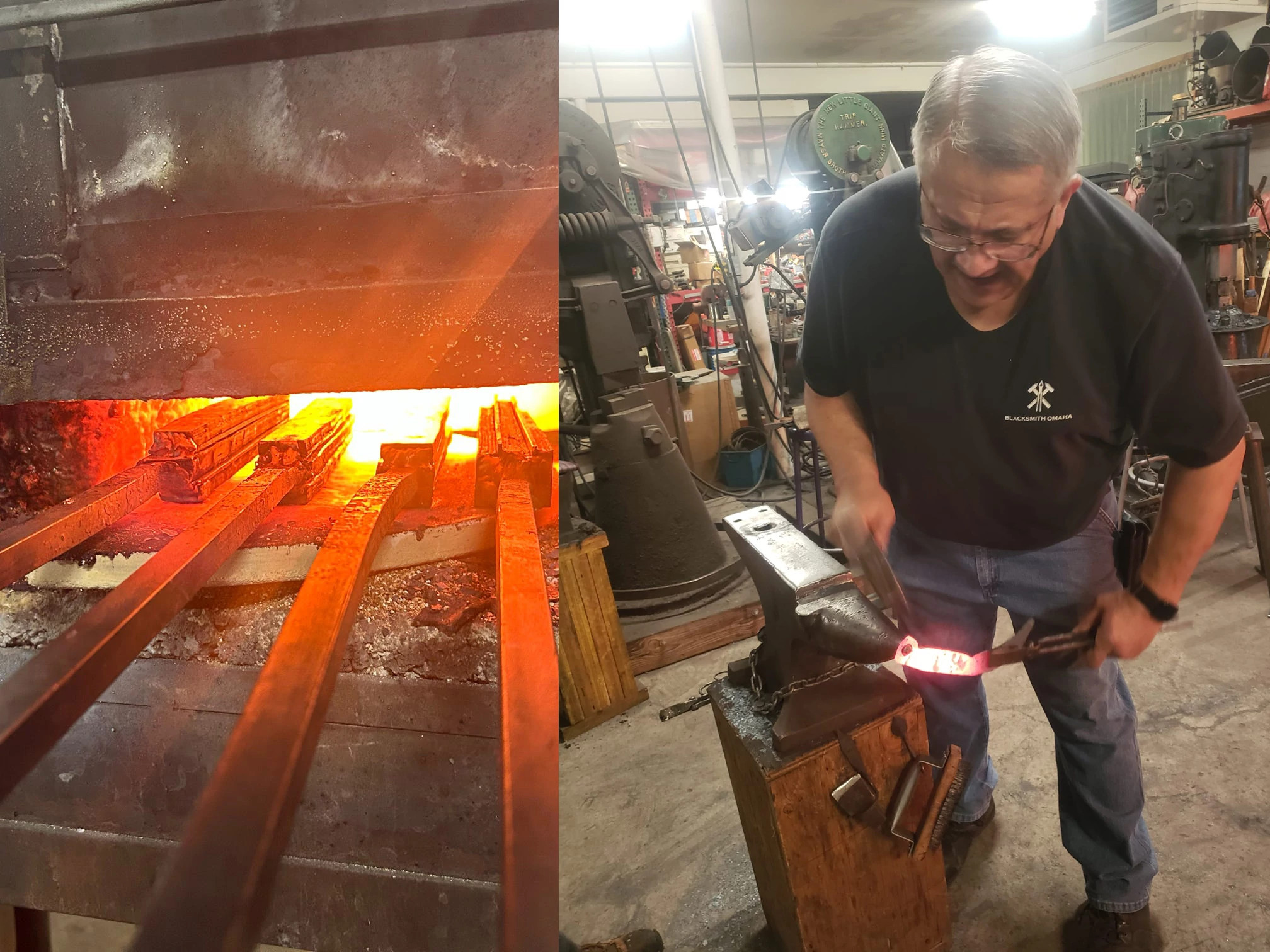 a split image of an open furnace and a blacksmith utilizing an anvil to shape heated metal
