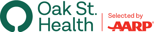 Oak Street Health Primary Care green words oak street health red words selected by A A R P
