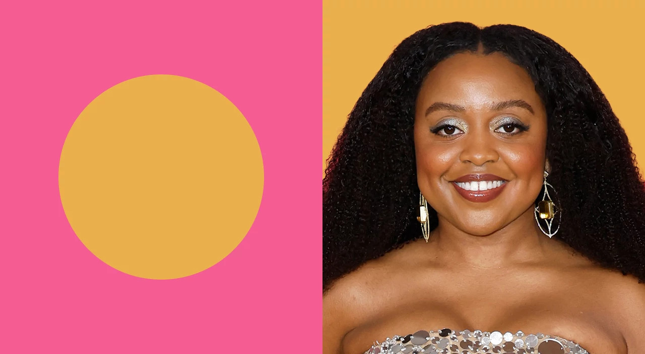 Illustration of a long curly hairstyle against a bright pink and yellow background for round face shapes
