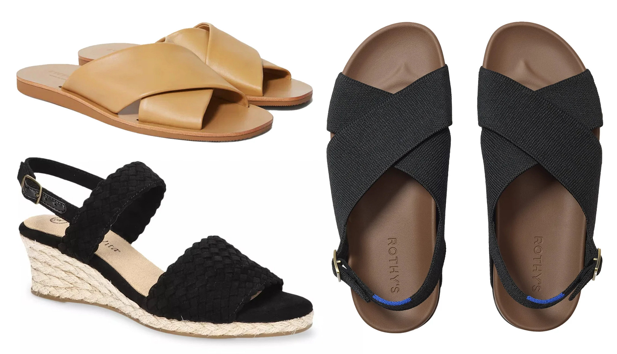 a collage with three different styles of womens summer sandals