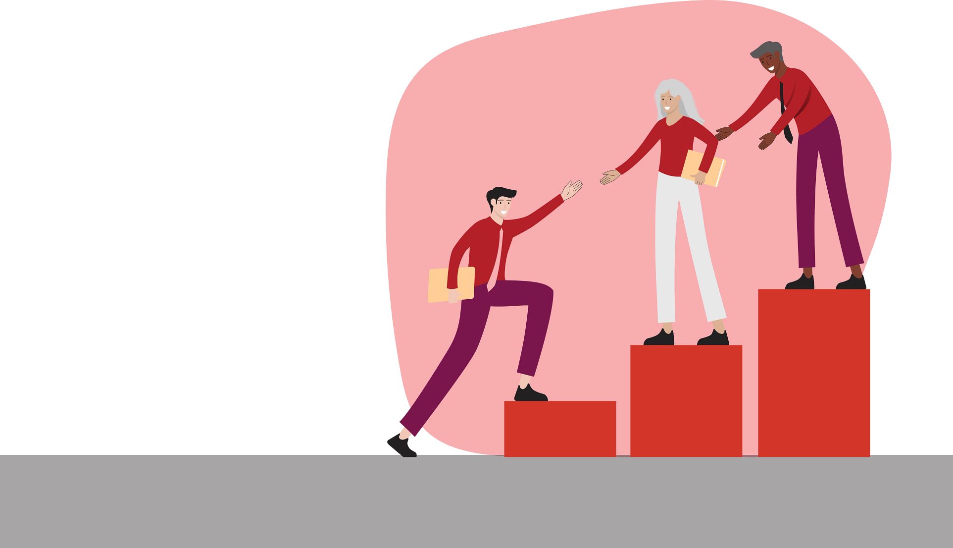Image of three people helping each other up steps with folders Image of three people helping each other up steps with folders