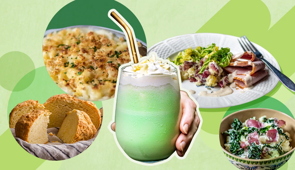 a collage featuring Irish soda bread, Shamrock shake mocktail, Colcannon with green cabbage, Loin of Bacon with Crispy Cabbage & Mustard Sauce and Classic Ulster Shepherd’s Pie Colcannon with green cabbage