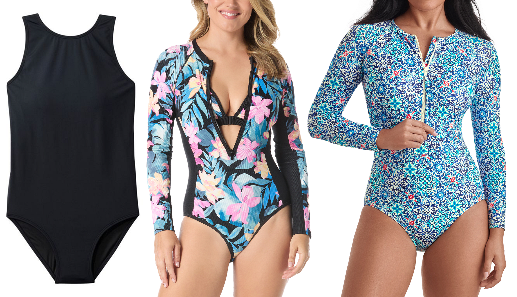 a black full coverage one piece bathing suit alongside models wearing patterned surfing rash guard style suits with long sleeves