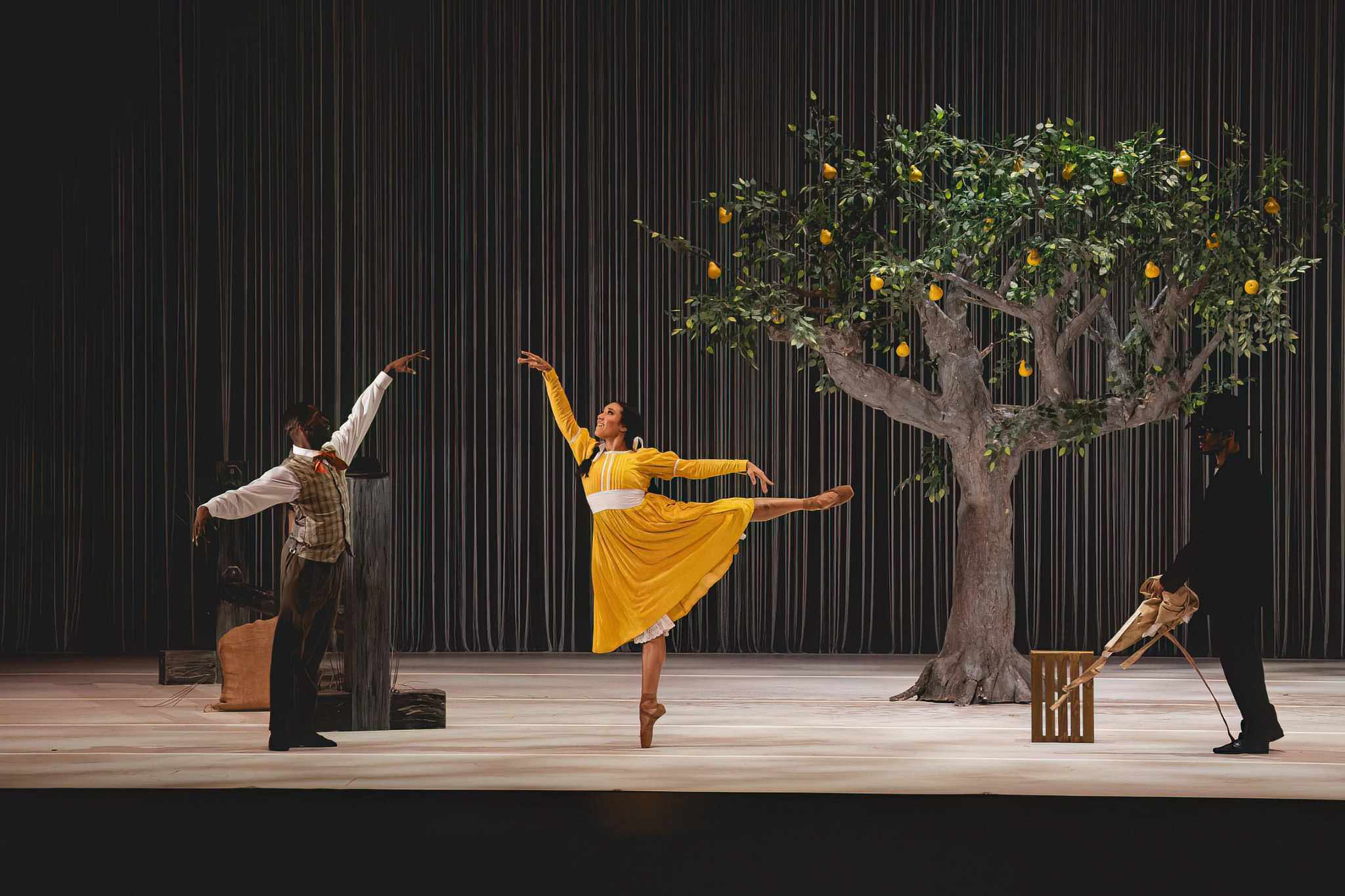 A performer in a yellow dress balances on pointe beneath a pear tree prop during a theatrical dance performance.