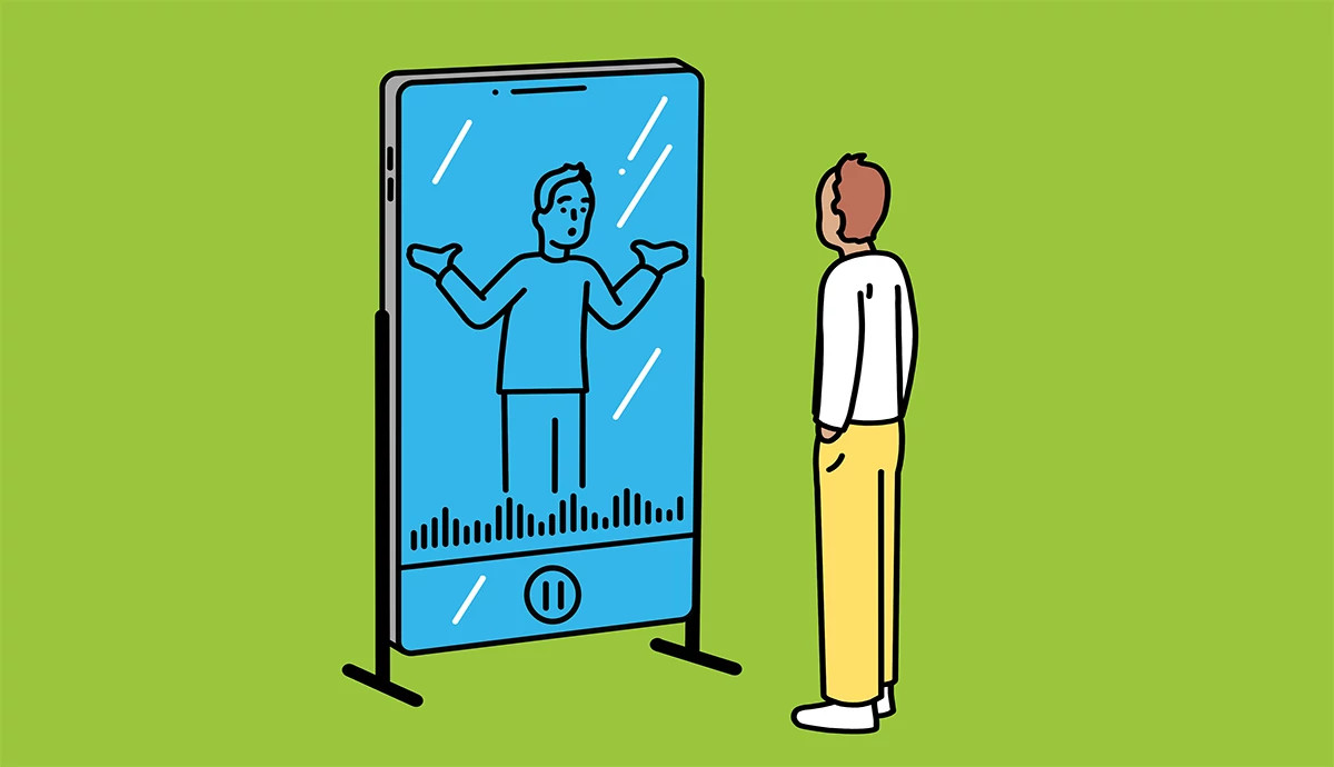 an illustration shows a man looking at his reflection in a smartphone, which is the size of full-length mirror