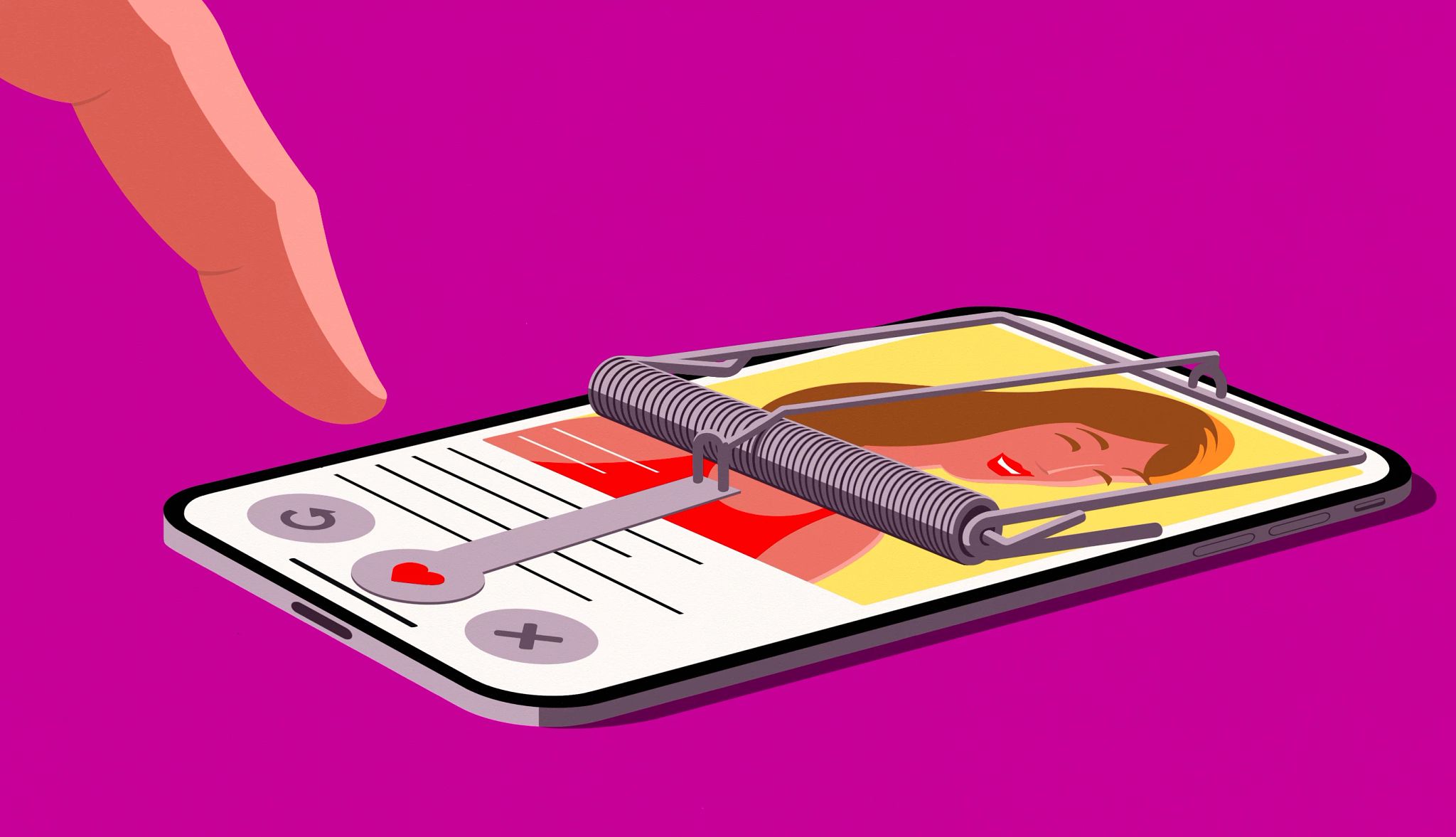 Conoce las señales de los perfiles falsos cuando buscas amor en internet Celular en una trampa para ratones sobre un texto rosado.