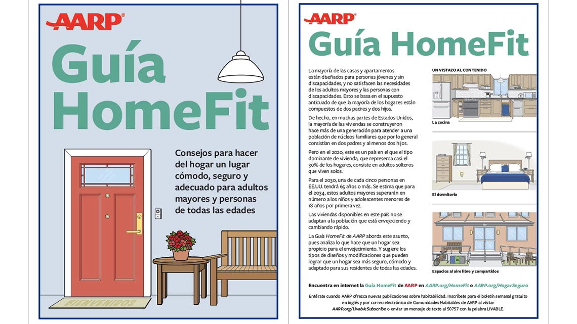 AARP Guia HomeFit front and back cover of guide including illustrations of the exterior and interior of a home
