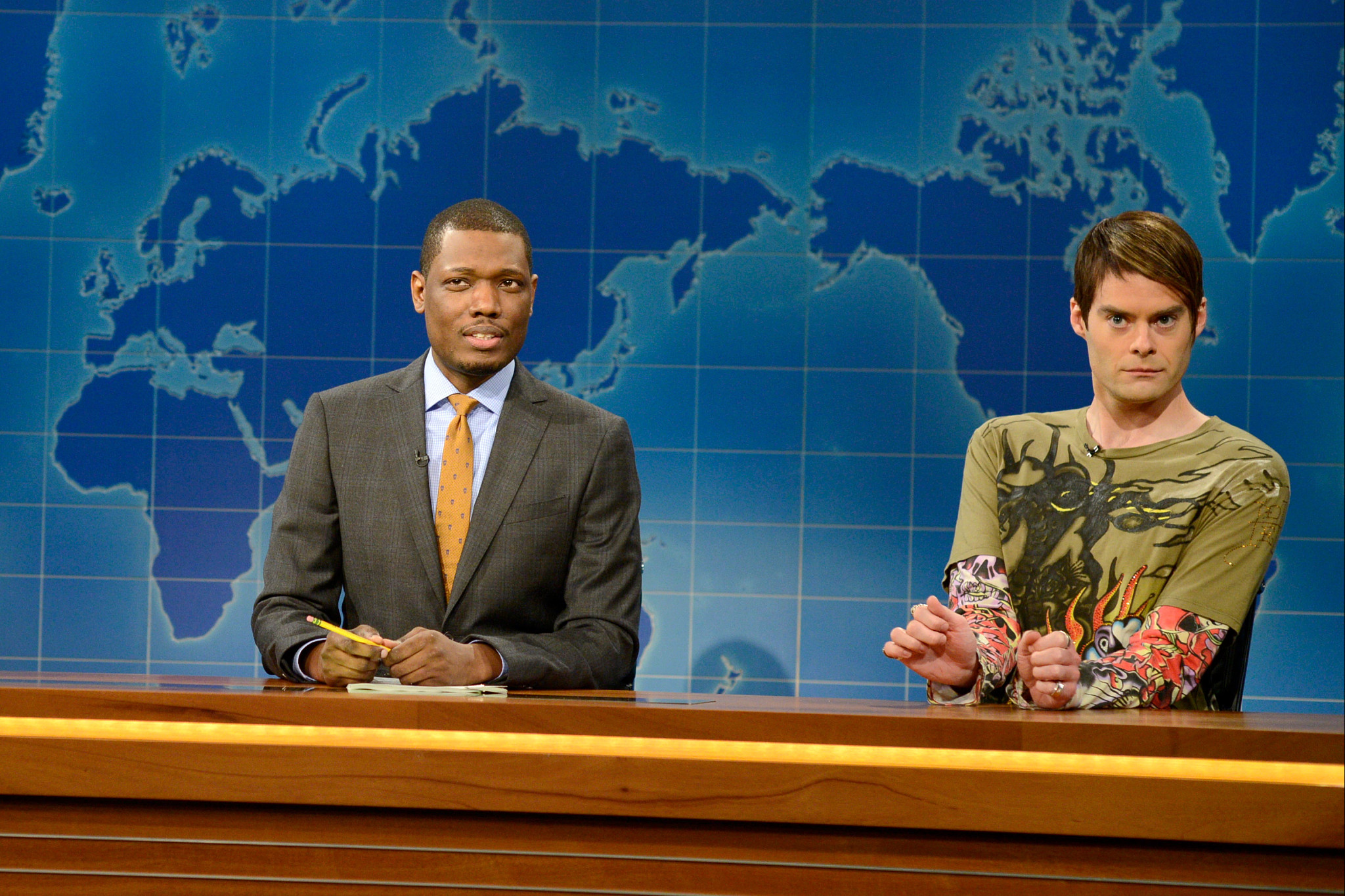 Michael Che and Bill Hader as Stefon during a Weekend Update sketch on Saturday Night Live