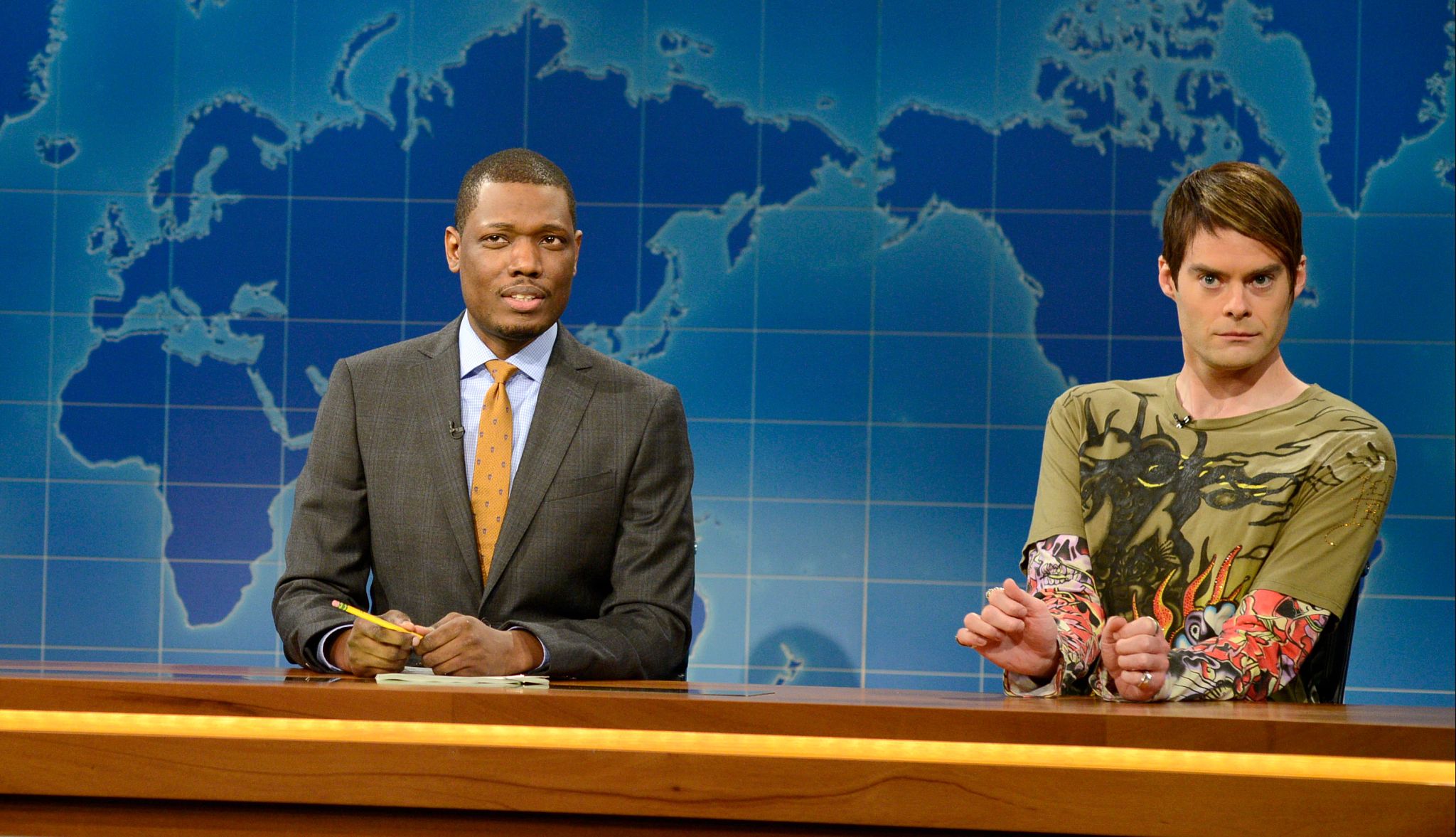 Michael Che and Bill Hader Michael Che and Bill Hader as Stefon during a Weekend Update sketch on Saturday Night Live